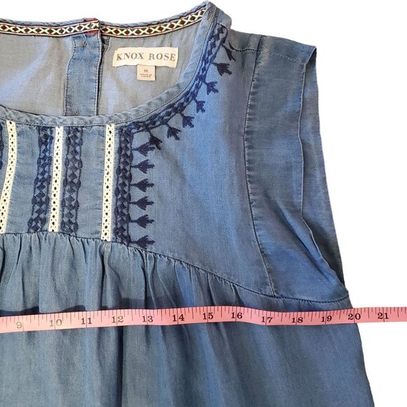 Knox Rose Womens Blue Boho Floral Embroidered Sleeveless Chambray Top Med - Picture 7 of 10